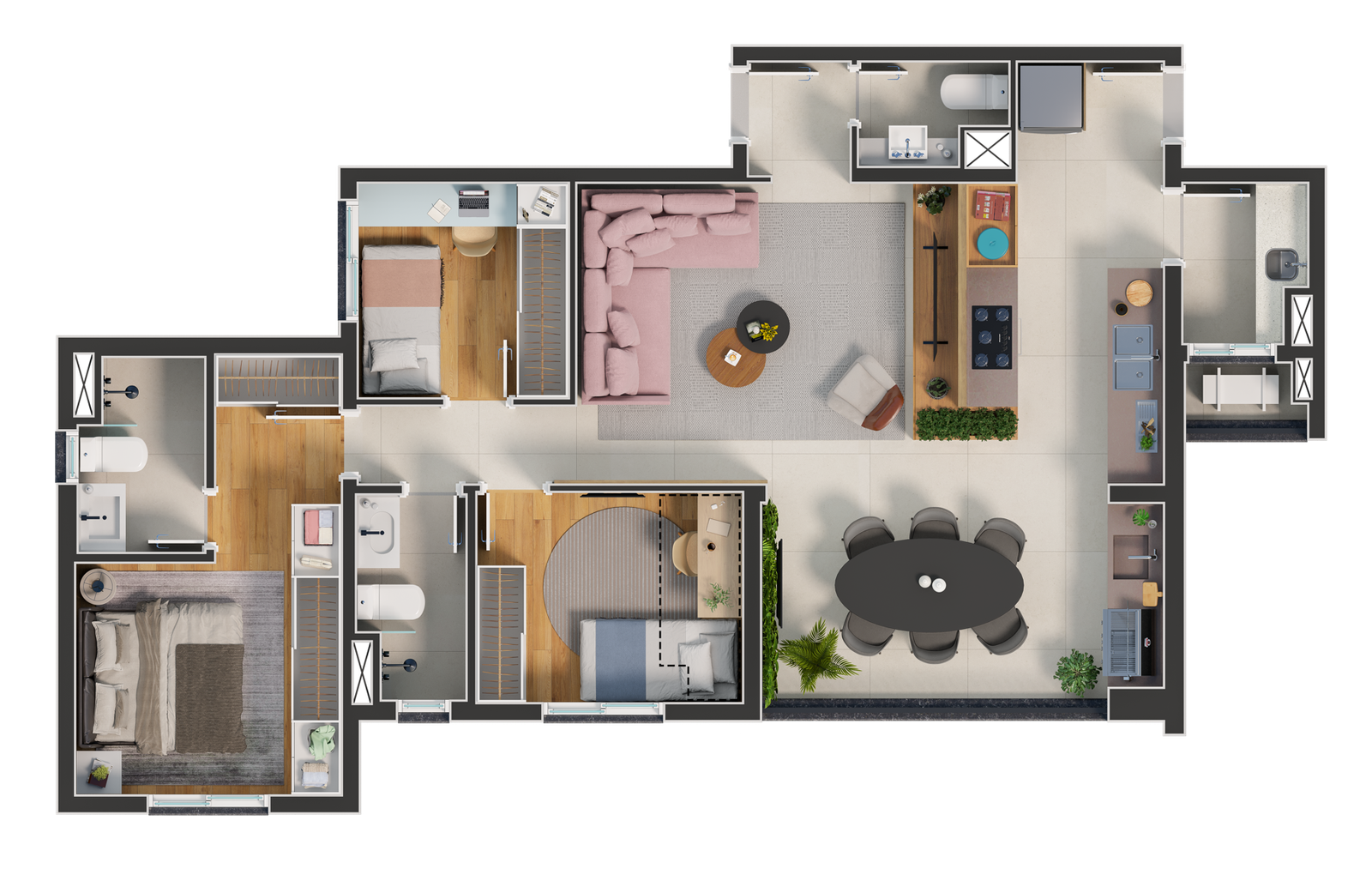 Planta decorada do apartamento de 95 m²
