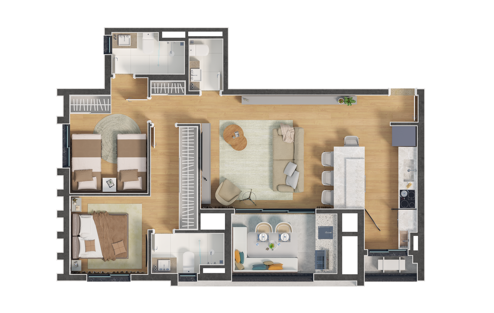 Planta do apartamento de 77 m²