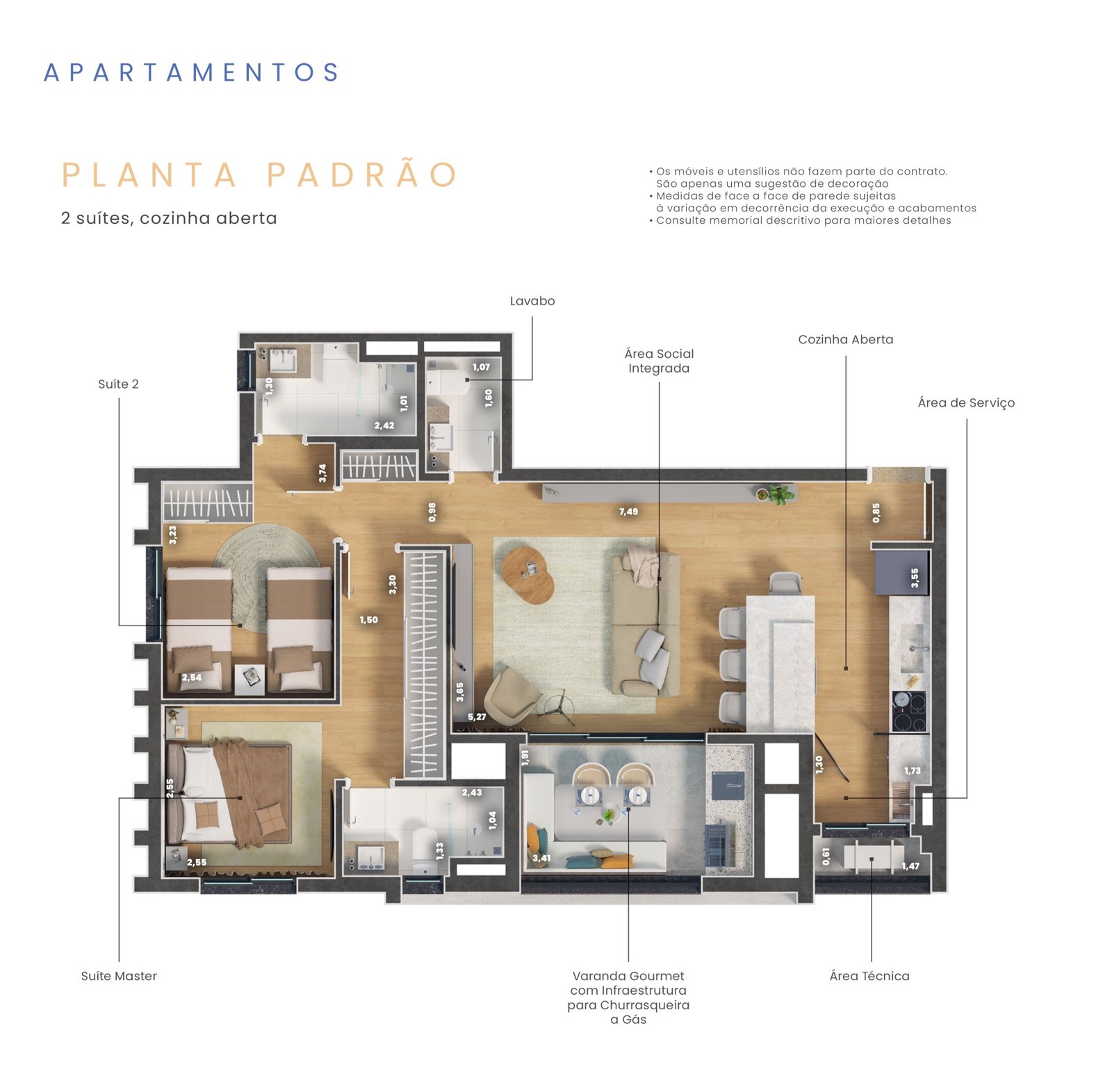 Planta padrão do apartamento de 77 m², com medidas e nome dos cômodos