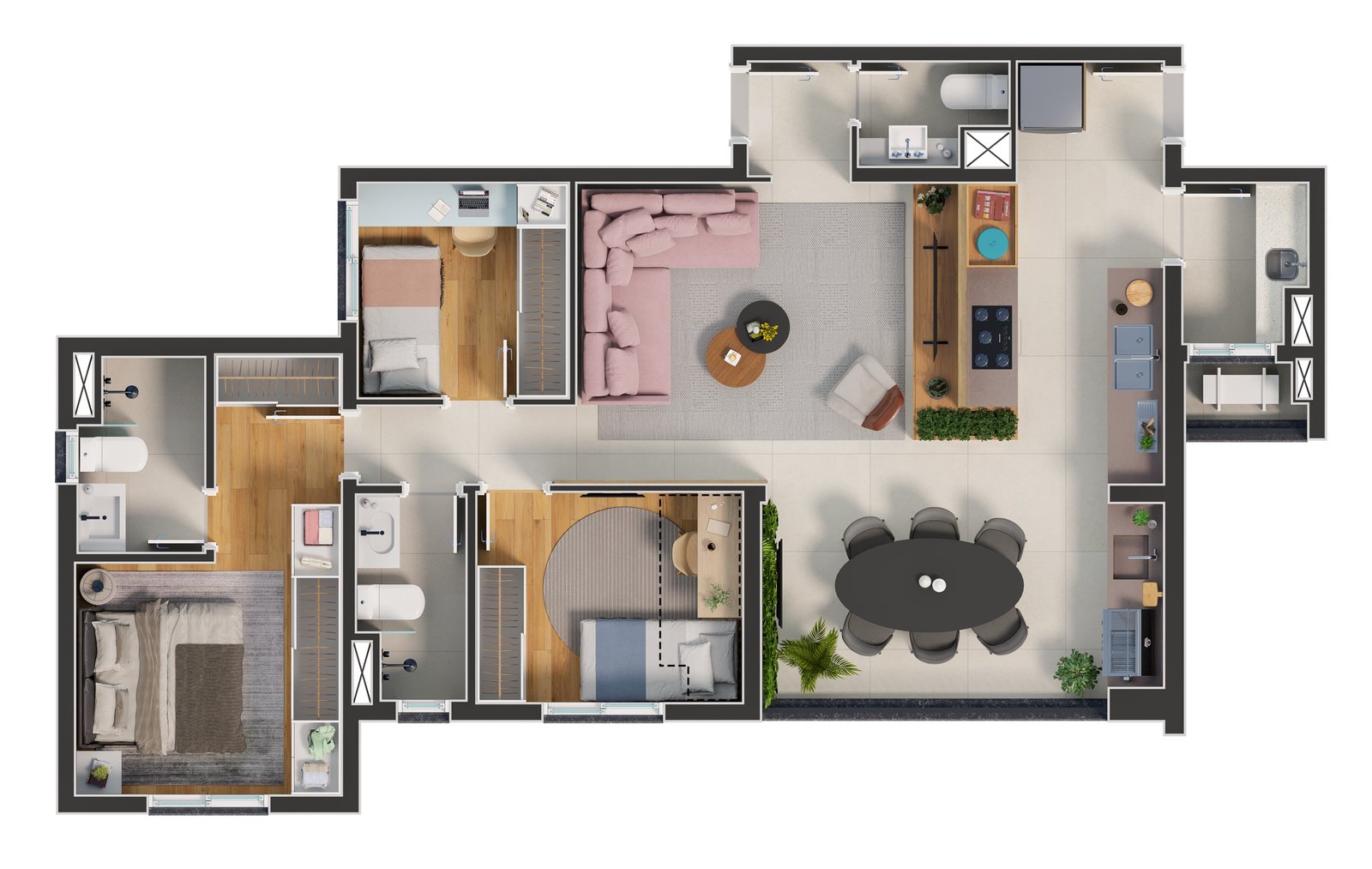 Planta decorada do apartamento de 95 m²