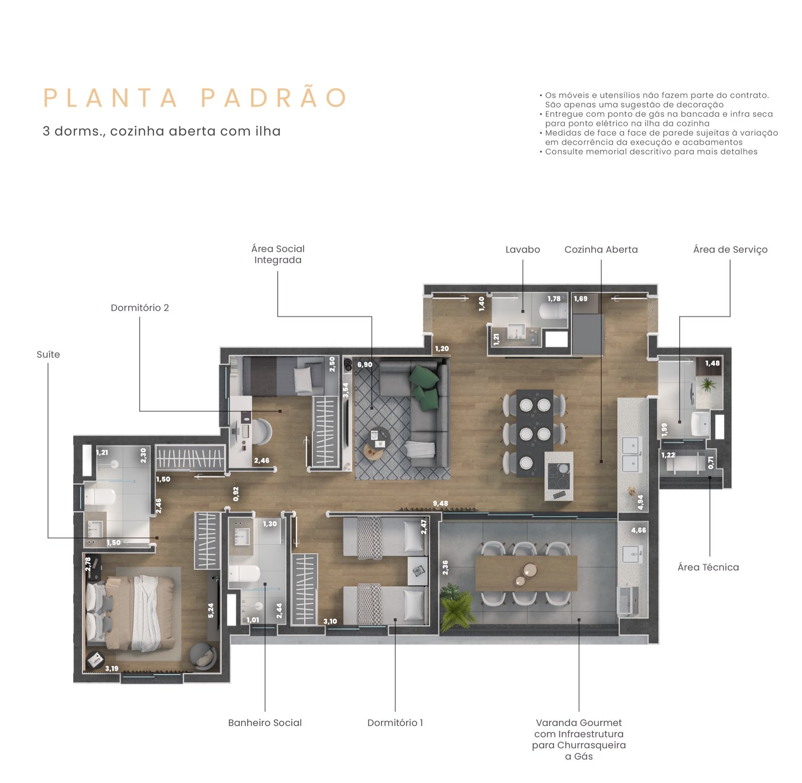 Planta padrão do apartamento de 95 m², com medidas e nome dos cômodos