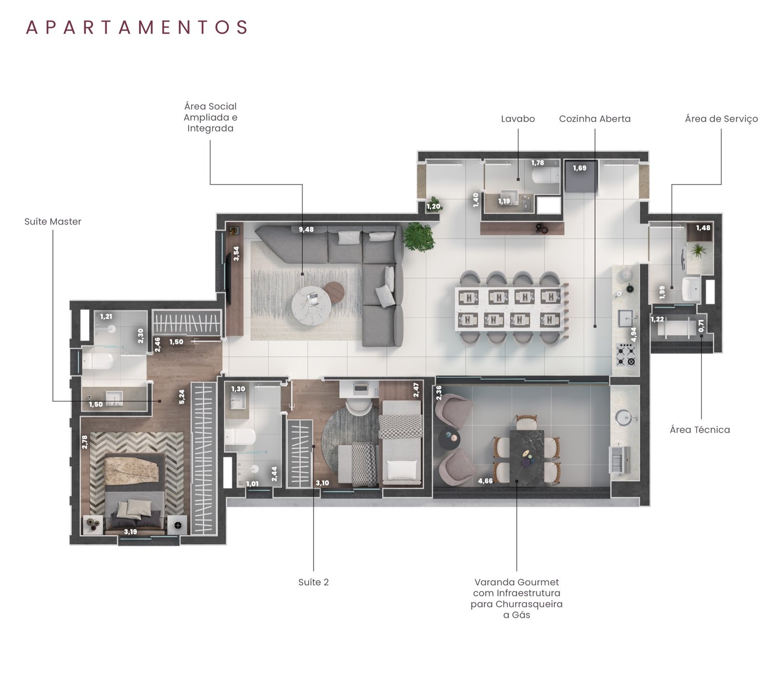 Planta com sala estendida do apartamento de 95 m², com medidas e nome dos cômodos
